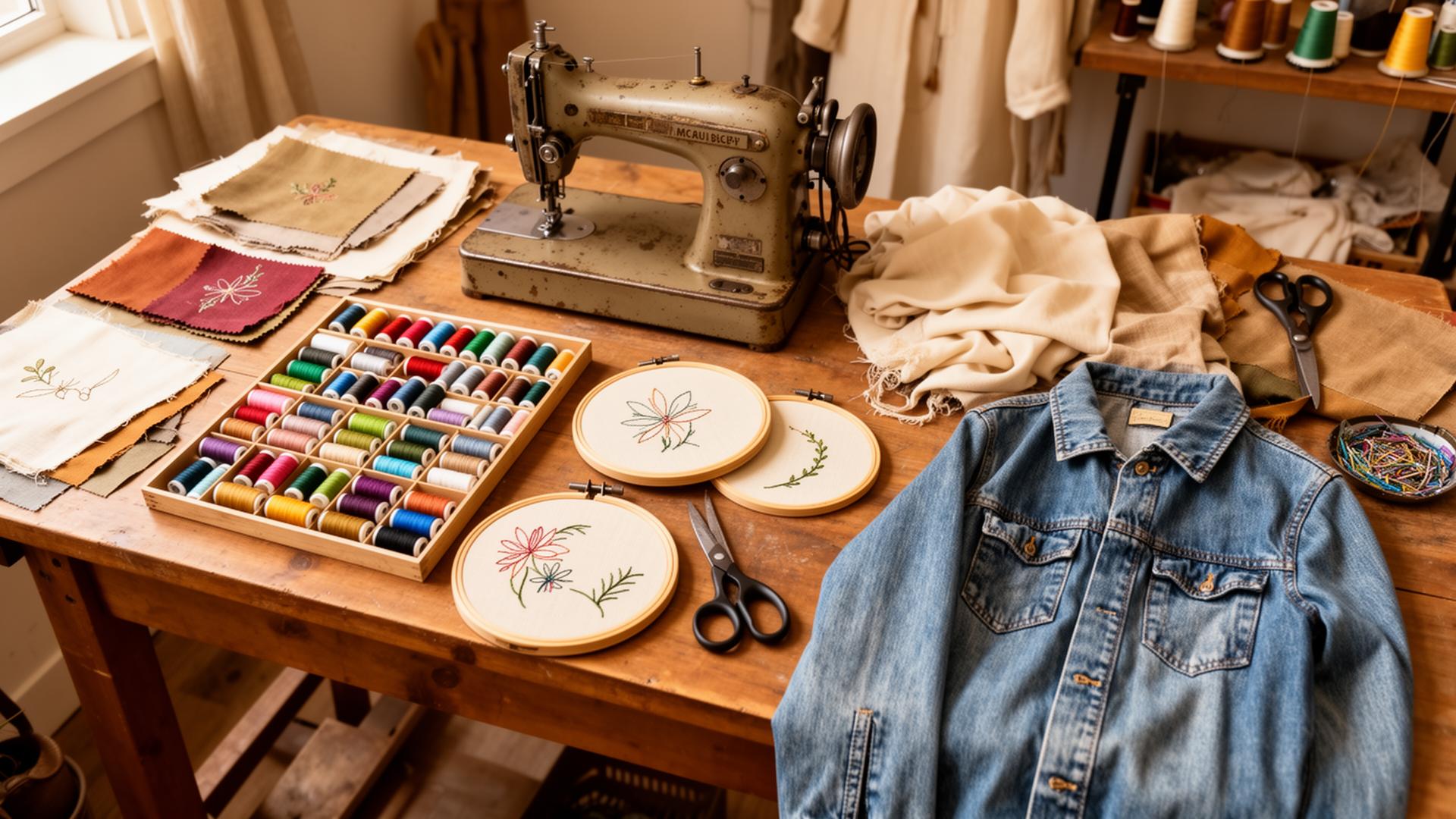 Artisan embroidery studio with vintage sewing machine, thread spools and a denim jacket